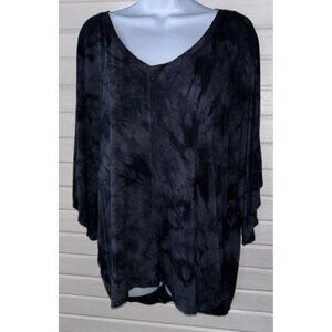 Tahari Sz MEDIUM Black Gray Mineral Wash Kimono Sleeve S/S Tunic EUC